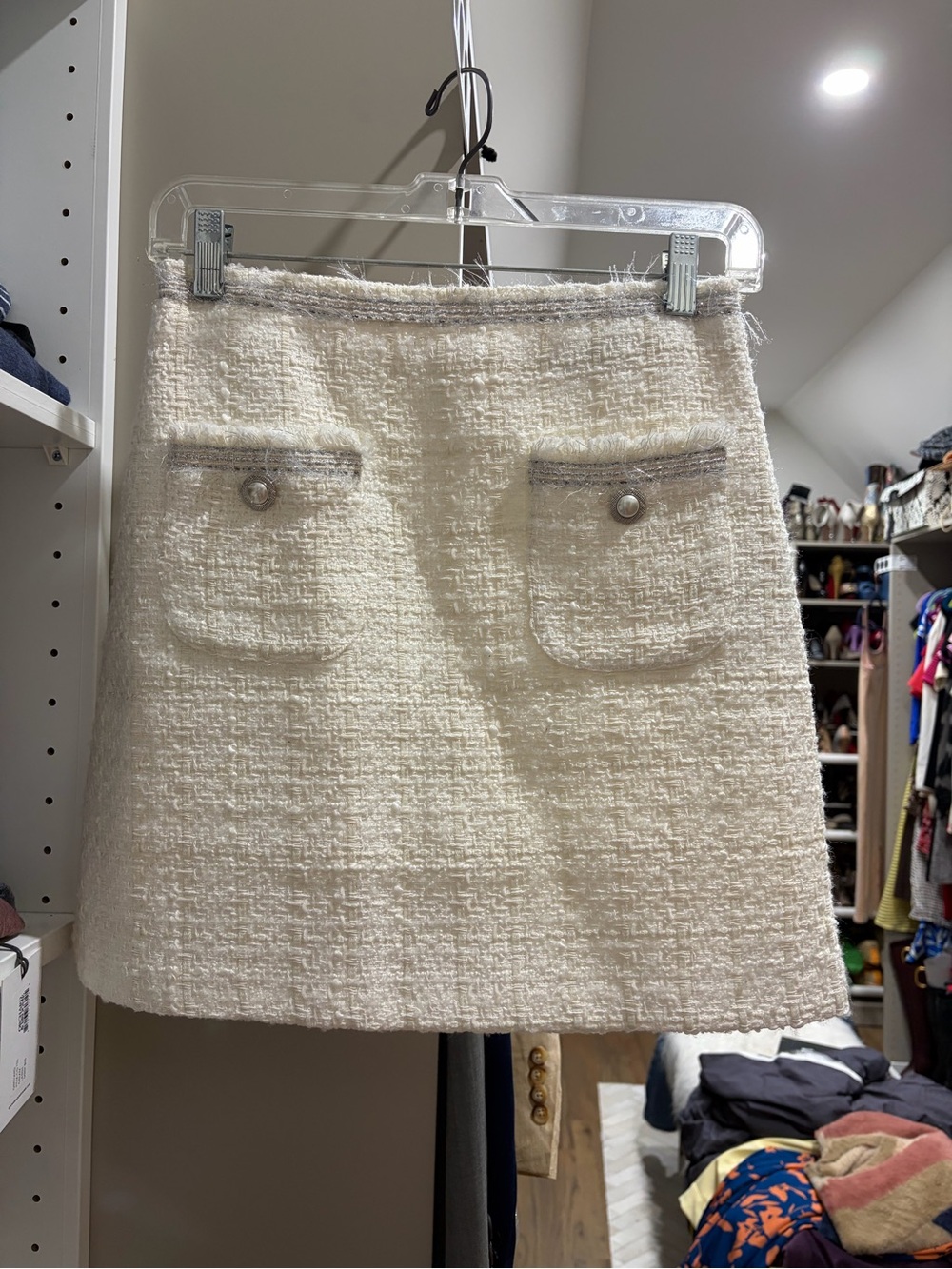 Zara Cream Tweed Mini Skirt with Pocket Buttons